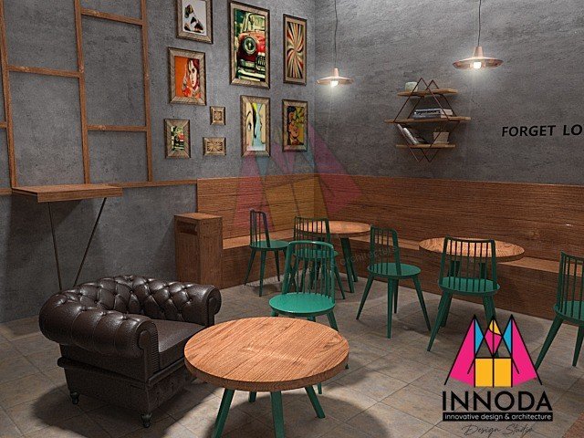 Cafe dining corner with leather chairs and warm timber slats
